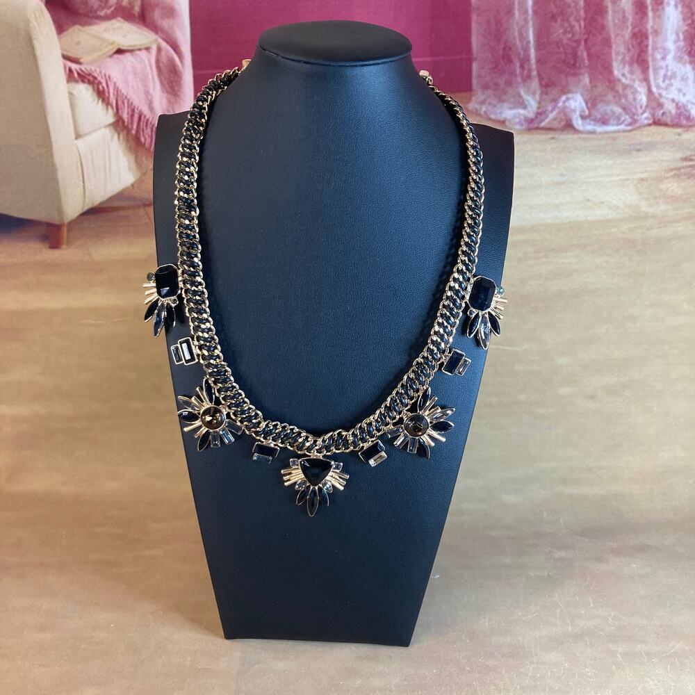 00071 M. Haskell for INC Art Deco Style Black & Gold Bib Statement Necklace NWT